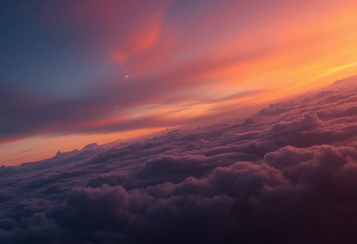Dramatic twilight sky with bright dots suggesting a satellite train