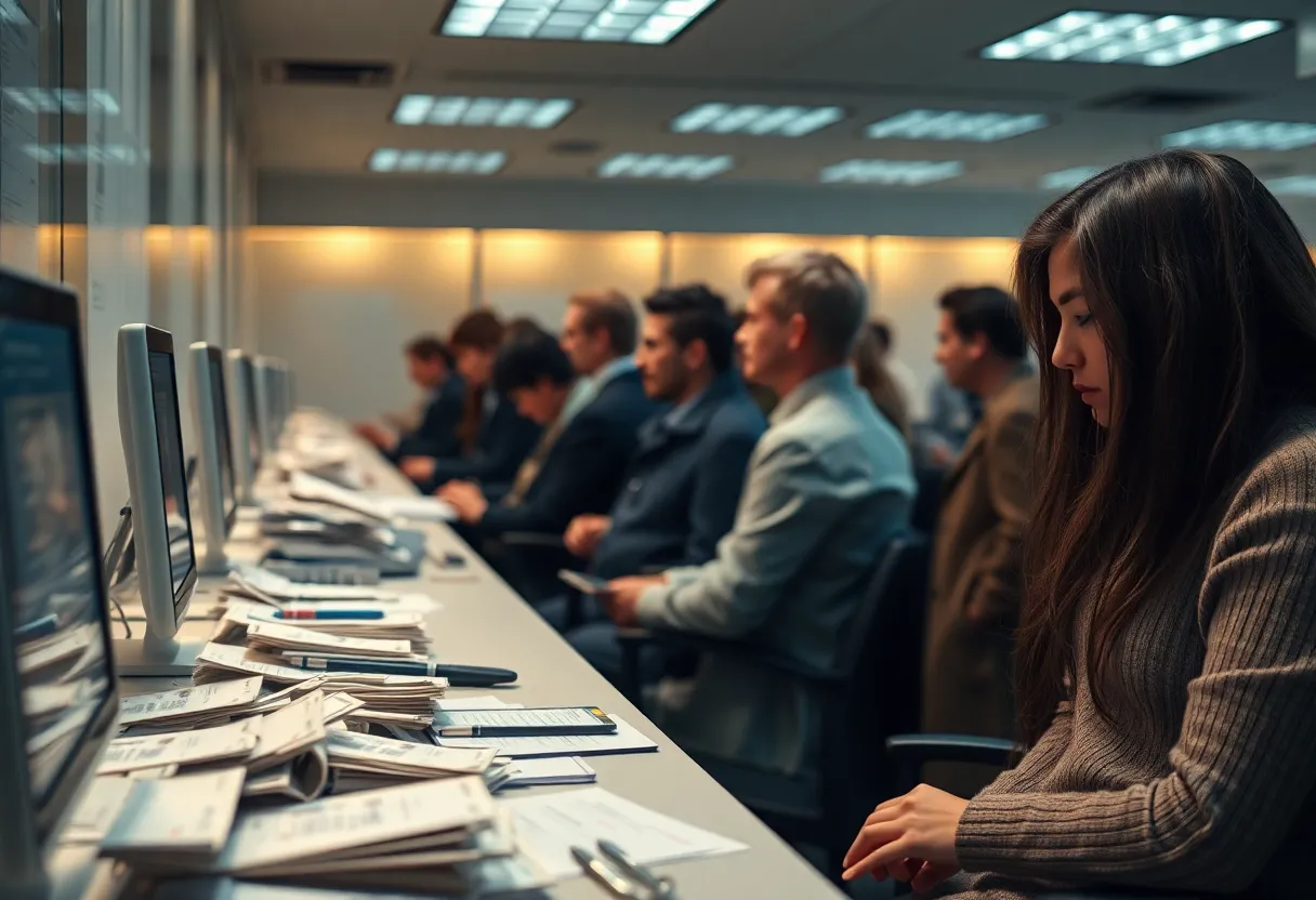 Office scene suggesting a busy support queue during an identity rollout