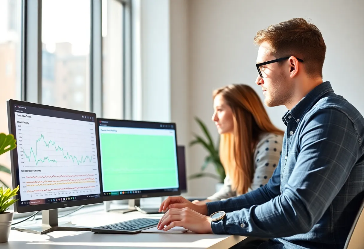 Team reviewing monitoring charts for webhook failures and automation retries in an office