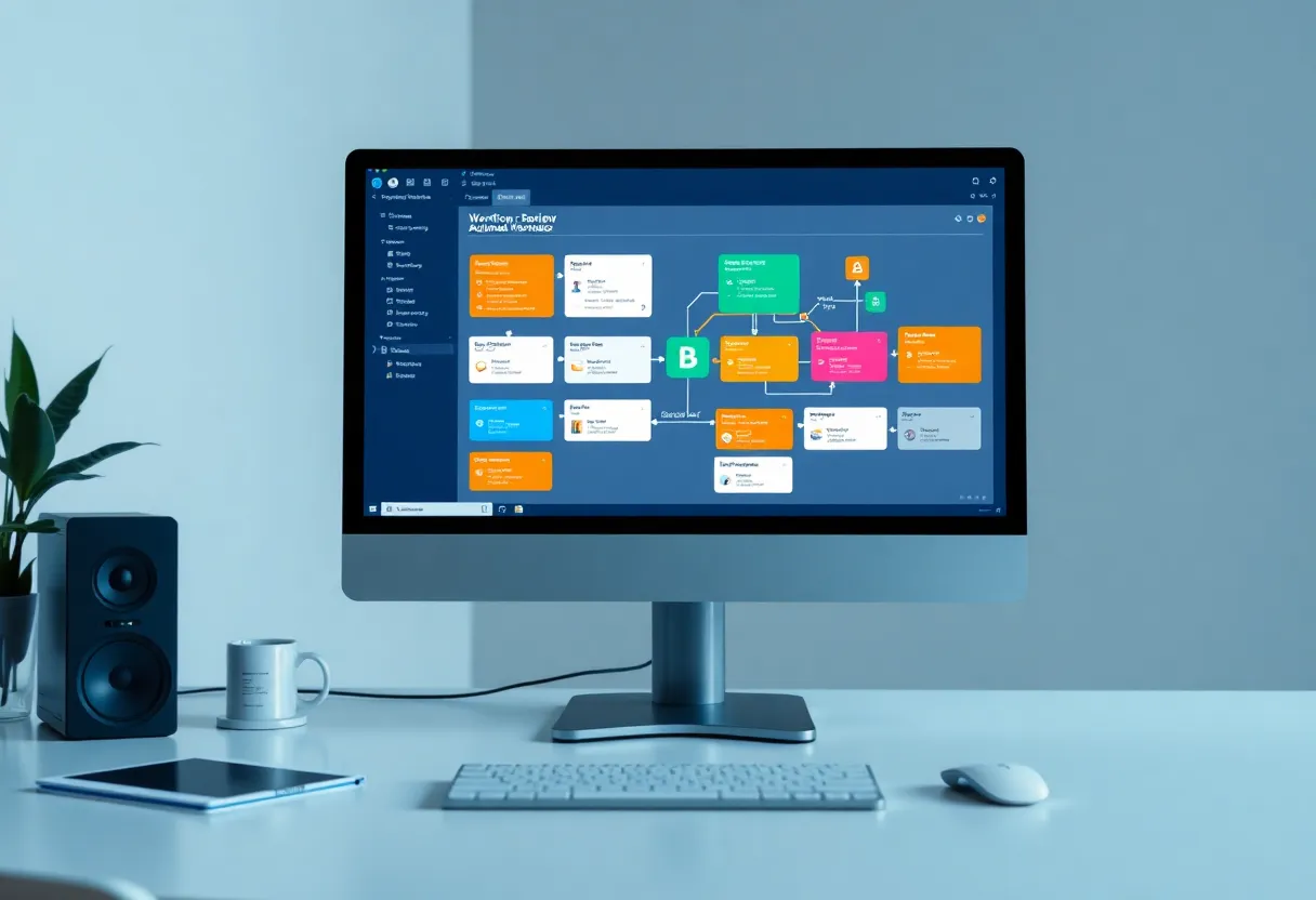 Workflow automation interface on a monitor showing connected blocks on a modern desk