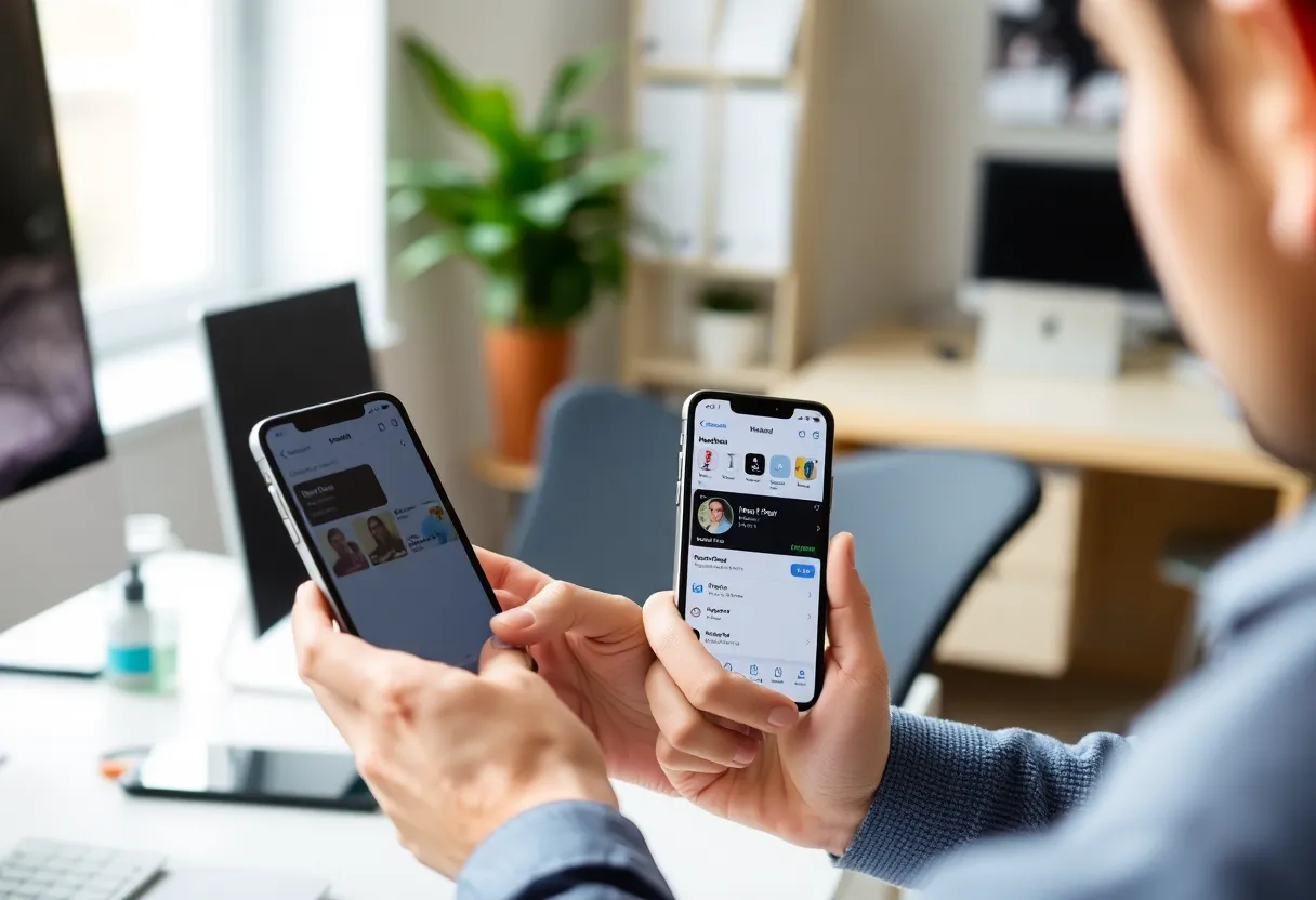 Person comparing phones with workflow and automation apps on a desk