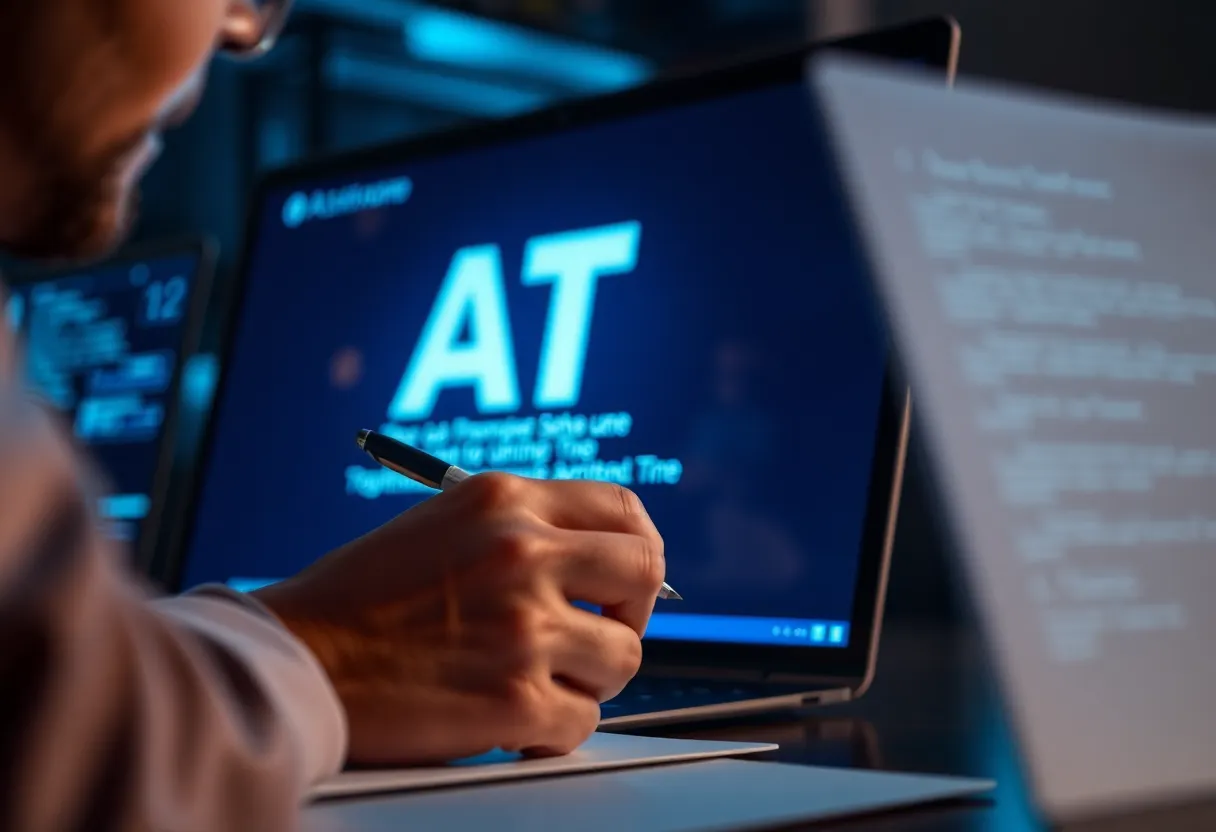 Editor reviewing AI-suggested marketing copy on a screen with handwritten notes