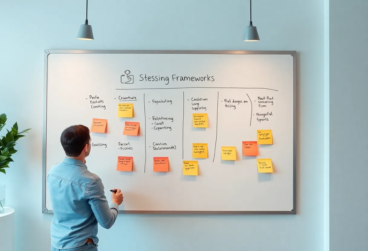 Team collaborating at a whiteboard covered in messaging frameworks and sticky notes
