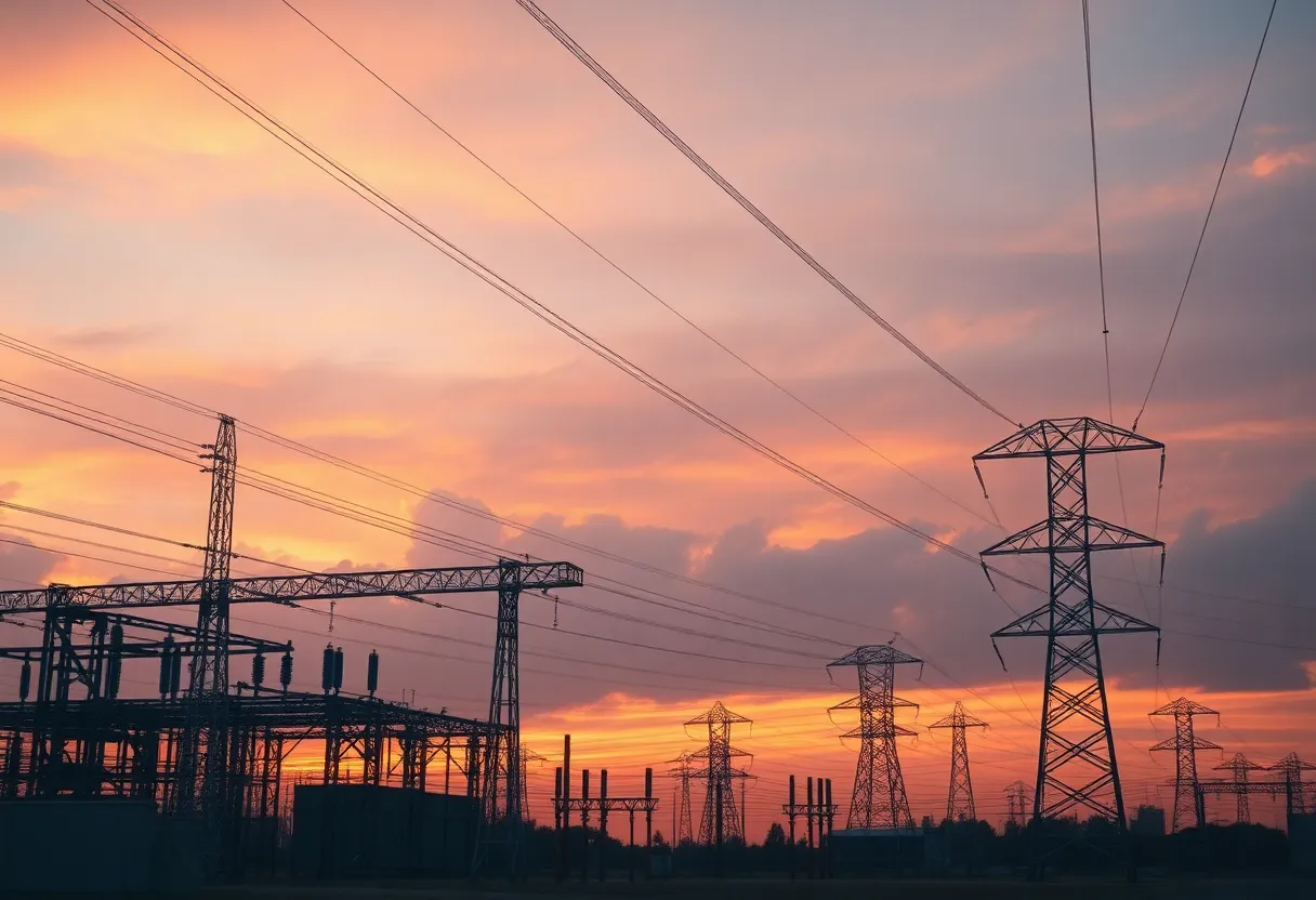 Electrical substation and transmission lines at sunset representing the power grid