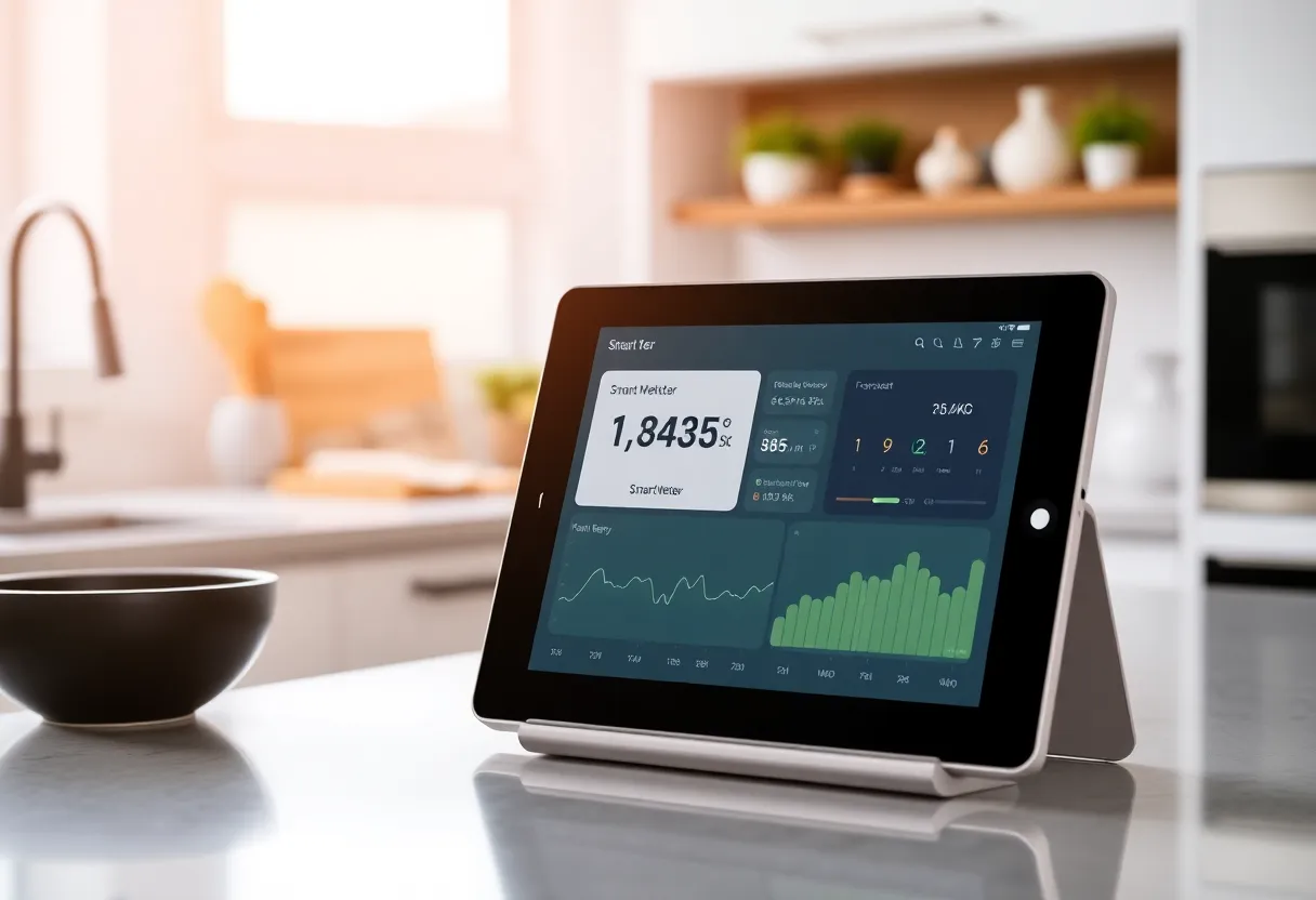 Home energy monitoring on a tablet beside a smart meter