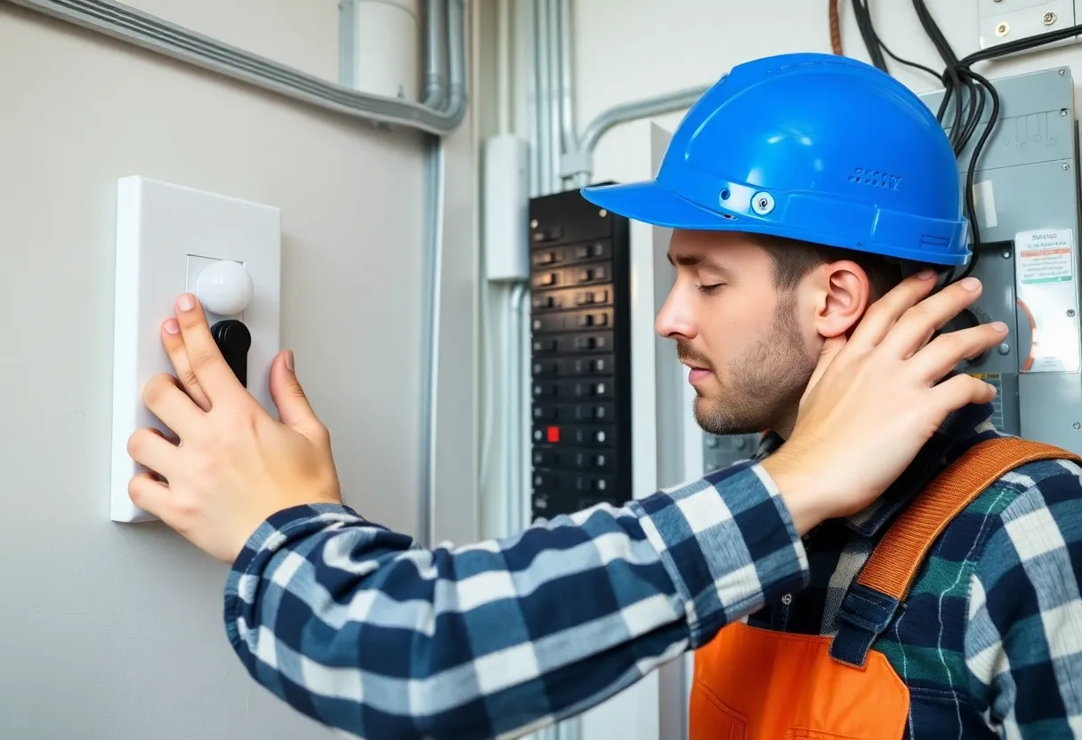 Technician reviewing a smart switch and residential electrical panel