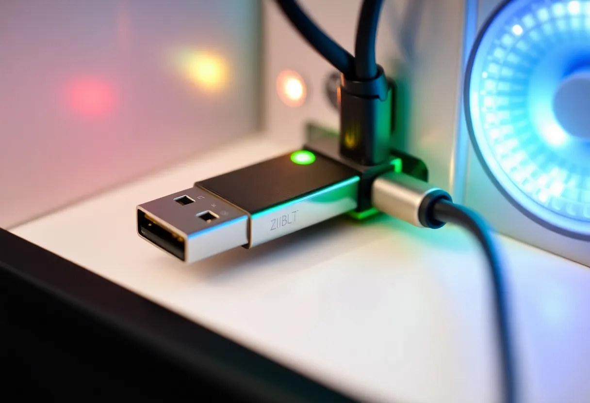 Zigbee USB coordinator connected to a compact home server with status LEDs