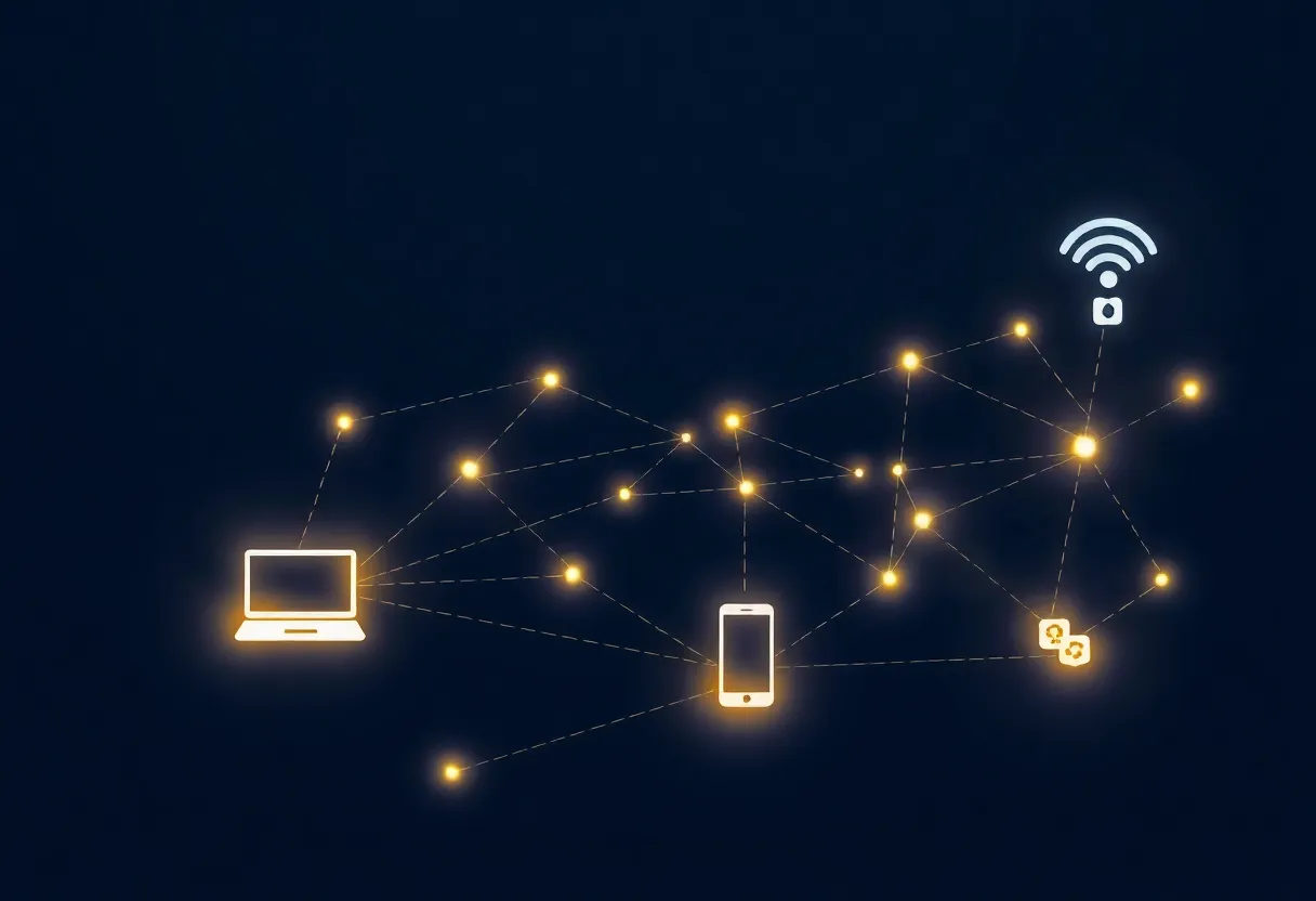 Abstract visualization of a Zigbee mesh network with glowing links between devices