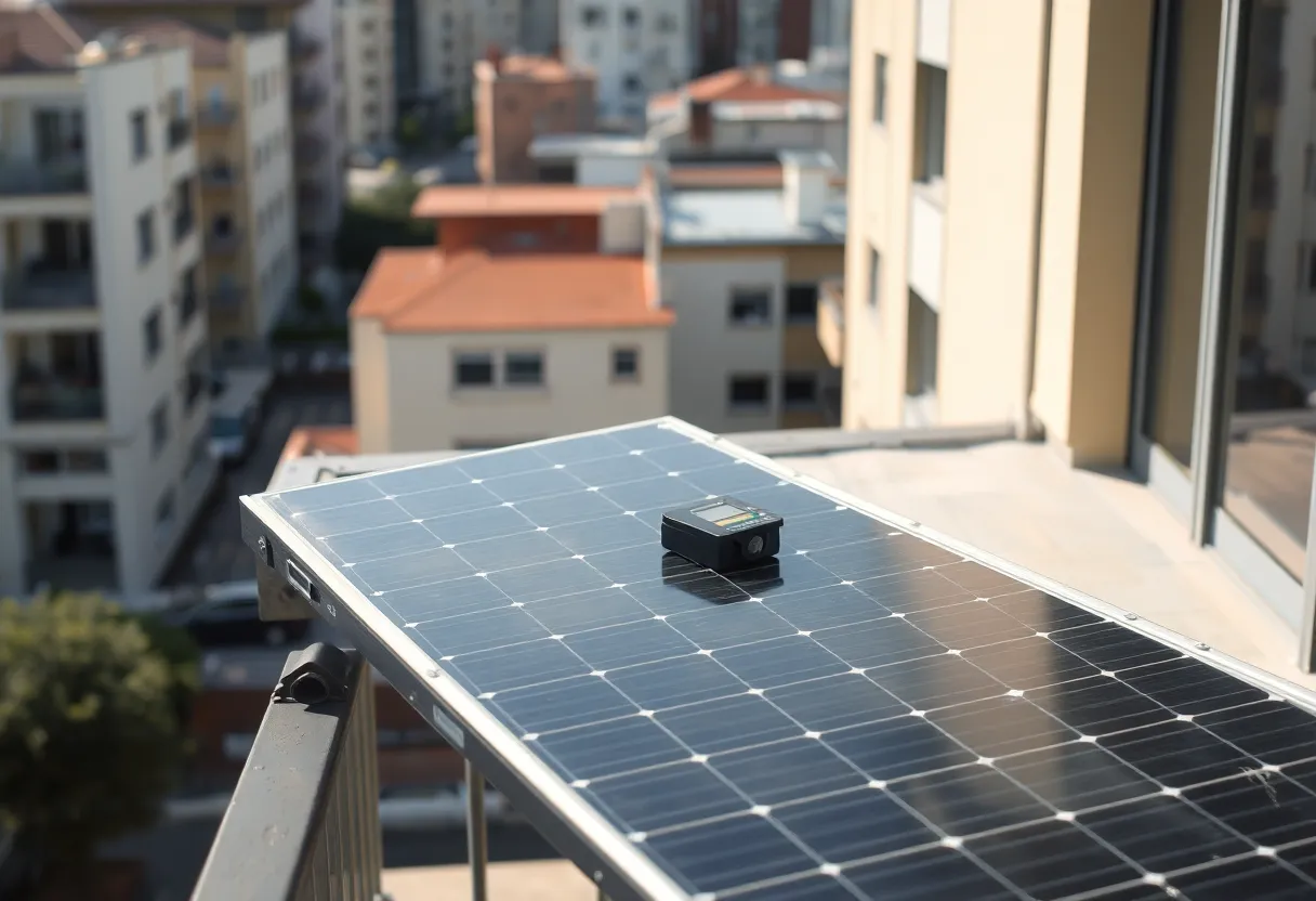 Small solar-powered sensor near a balcony panel suggesting energy harvesting