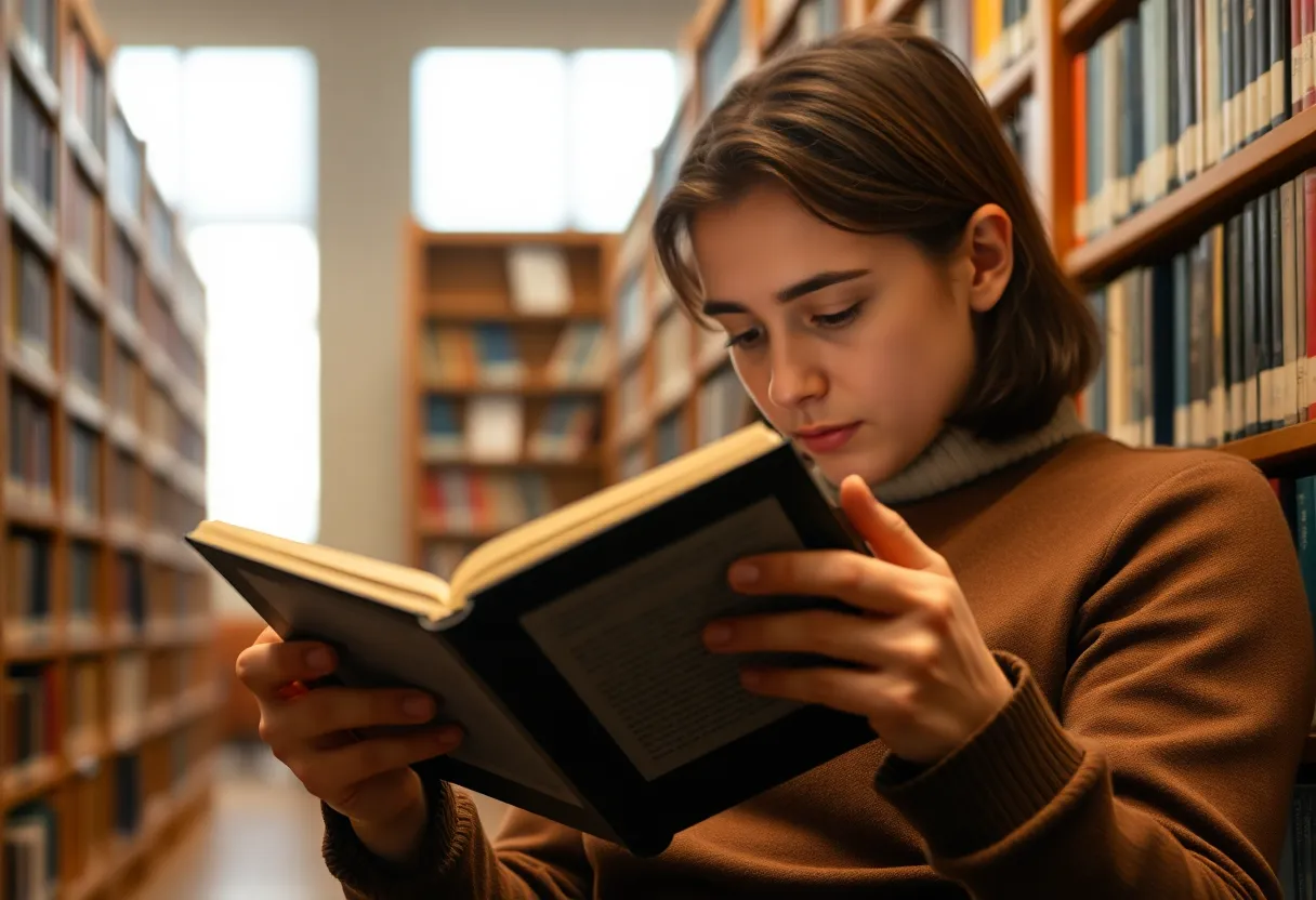 Reader focused on an e-ink book in a quiet library setting
