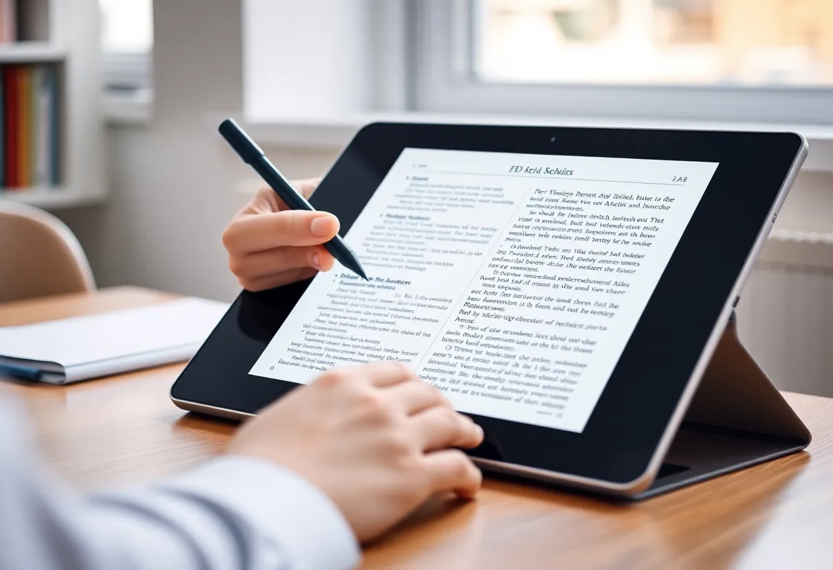 Student annotating a textbook PDF on a large e-ink tablet with a stylus