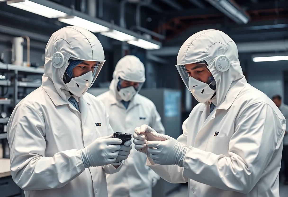 Engineers testing lunar regolith simulant processing in a laboratory