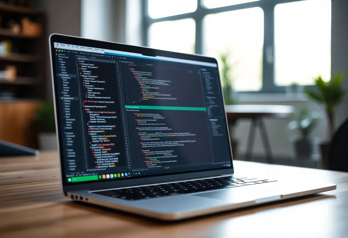 Laptop with code editor and automation workflow on screen in a modern office