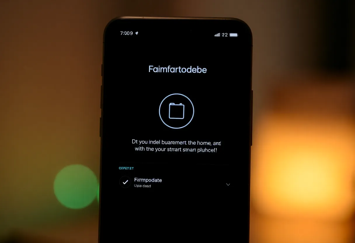 Smartphone showing firmware update progress beside a home automation hub