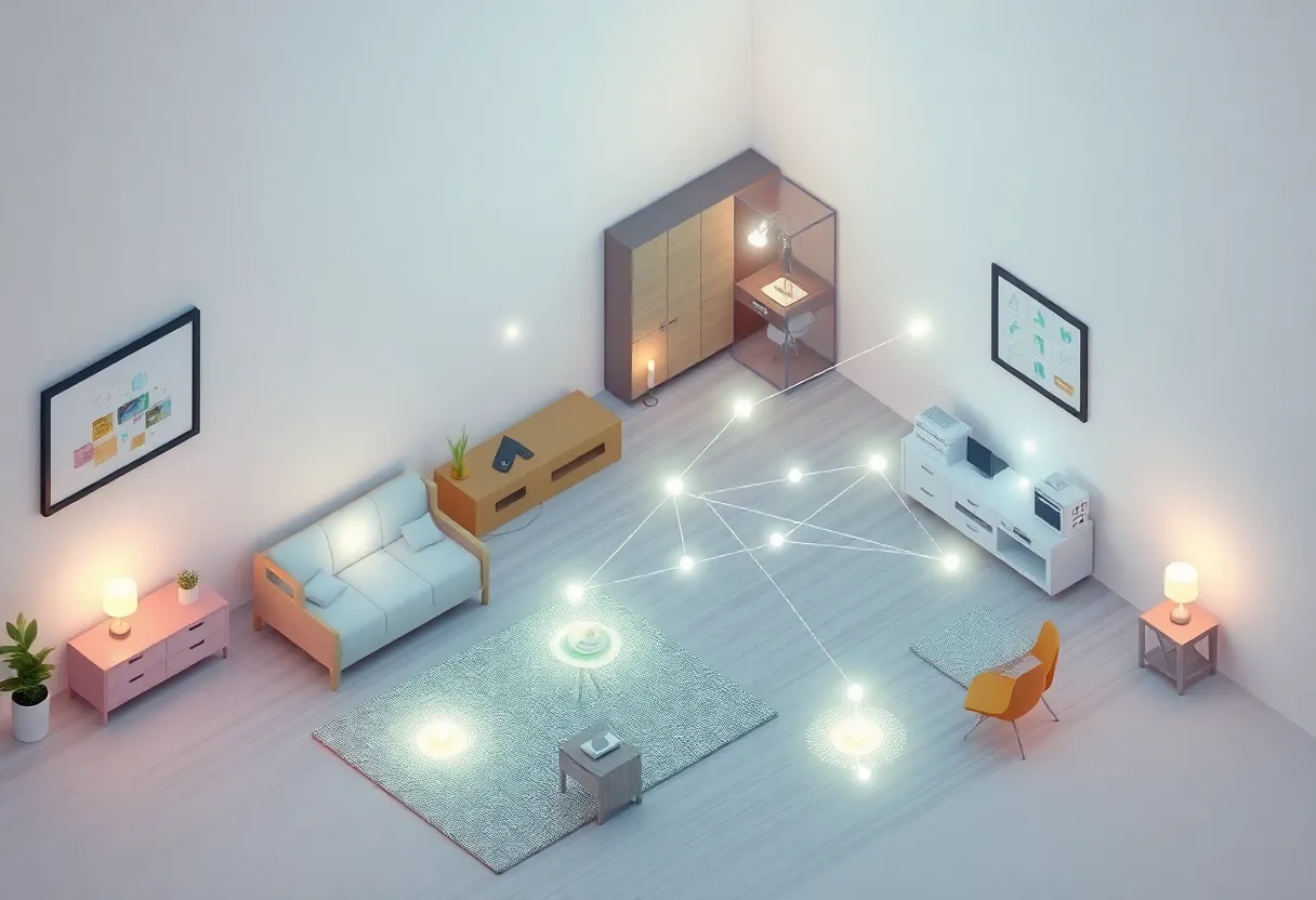 Stylized smart home floor plan with glowing Zigbee mesh network nodes