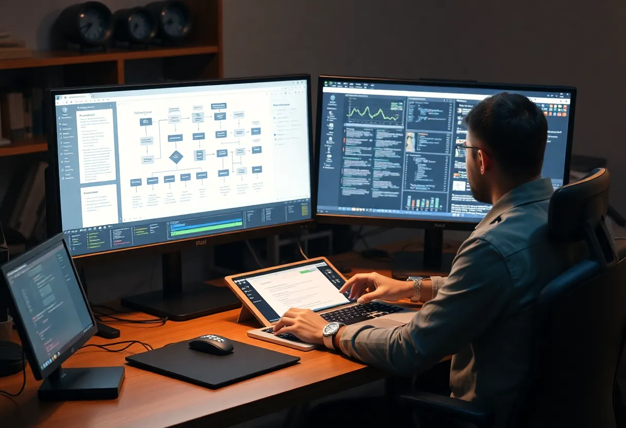 Developer reviewing a complex automation flowchart on monitors in a home office