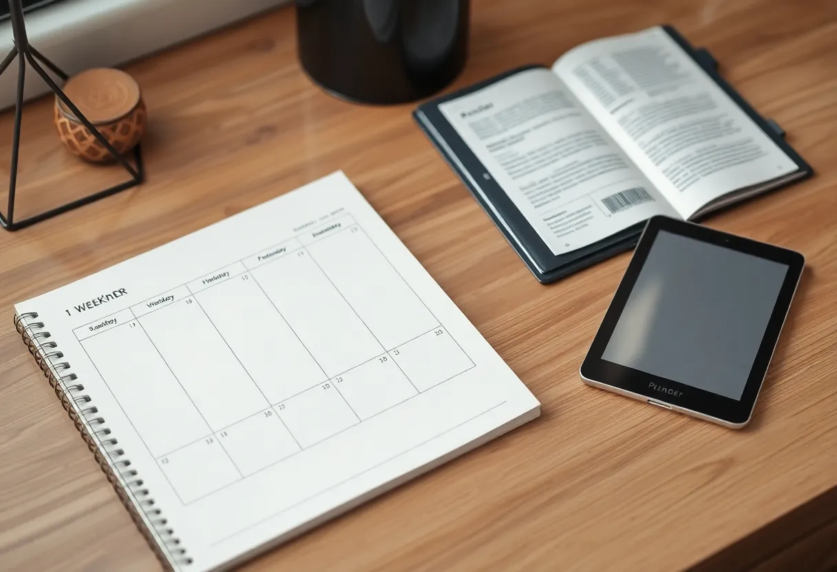 Minimal weekly planner and e-reader on a calm wooden desk