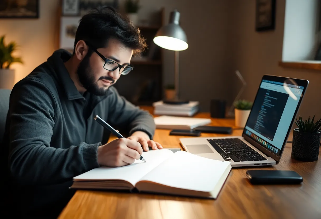 Solo founder planning content in a notebook next to a laptop in a home office