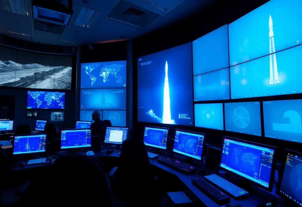 Mission control room with telemetry screens and blue ambient lighting