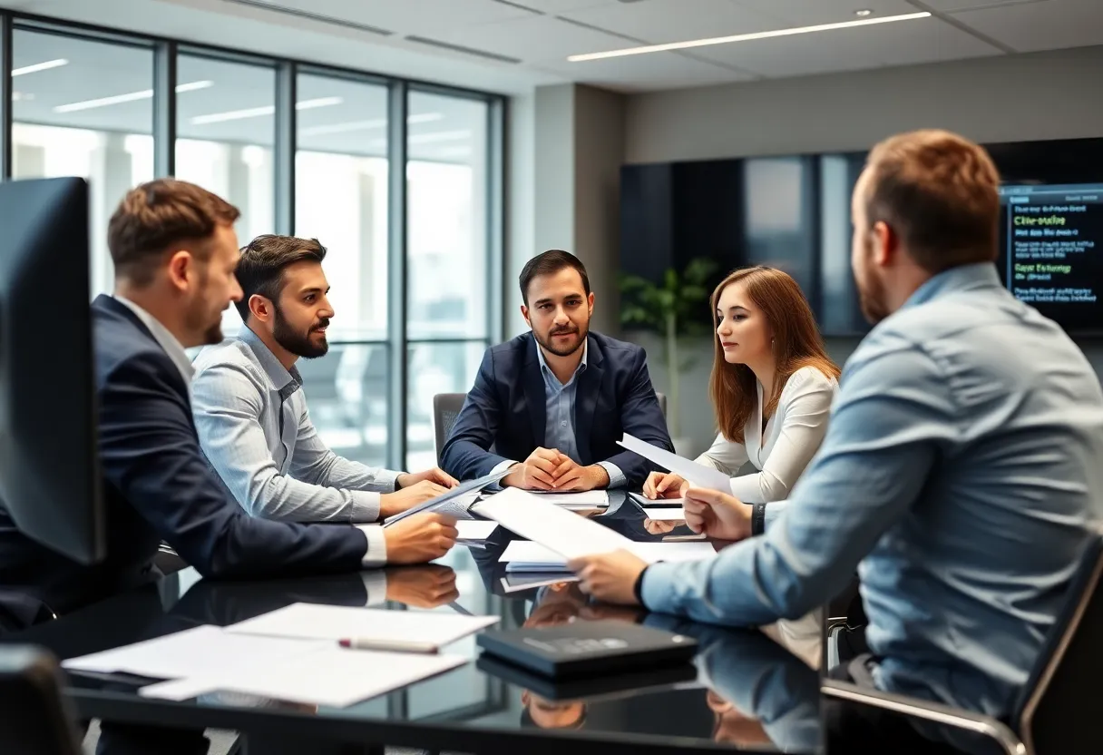 IT team reviewing compliance documents in a modern conference room