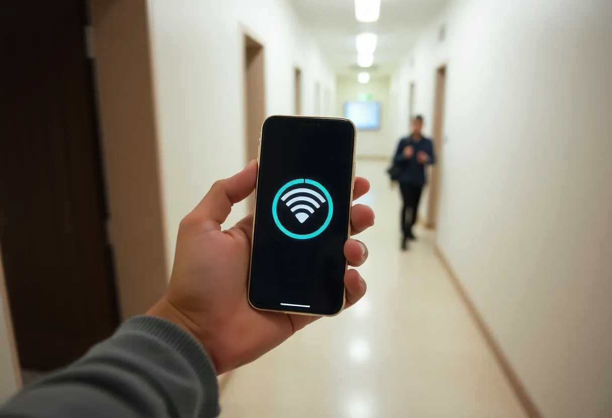 Person holding smartphone showing Wi-Fi signal while moving through a home