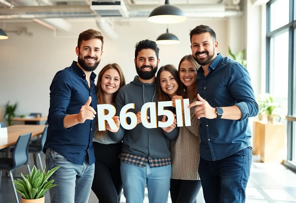 Small team collaborating and celebrating progress in a modern workspace