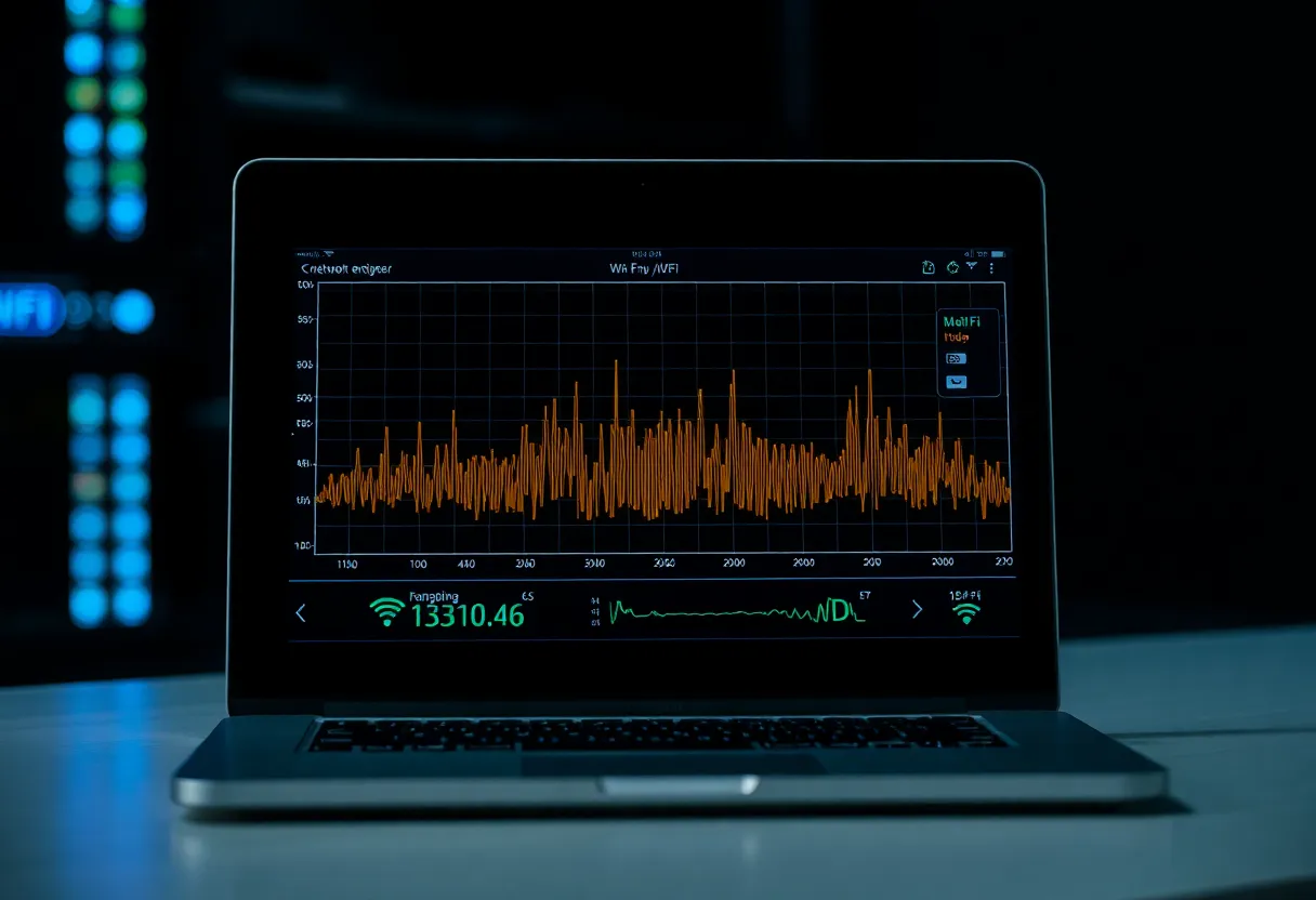 Laptop screen showing Wi-Fi spectrum or analyzer graph in a dim room