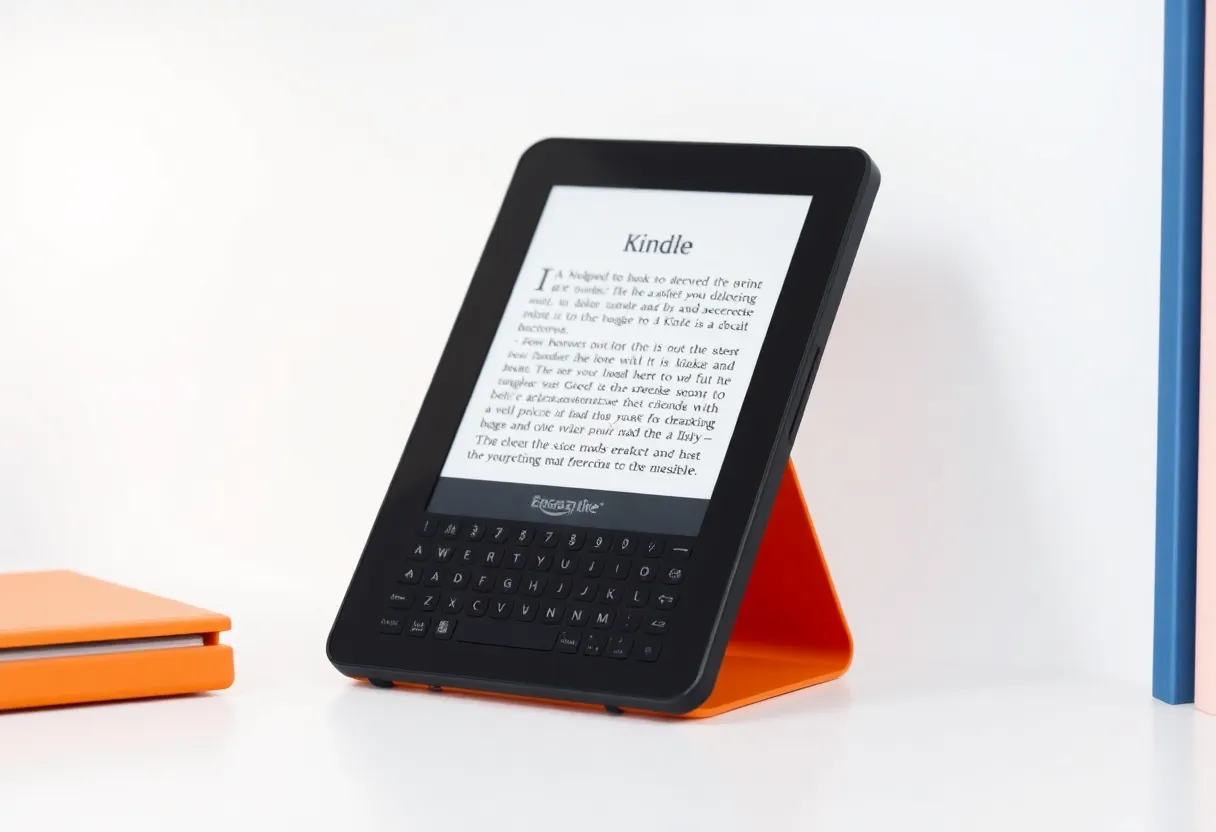 Minimal desk with Kindle-style e-reader and warm accent lighting