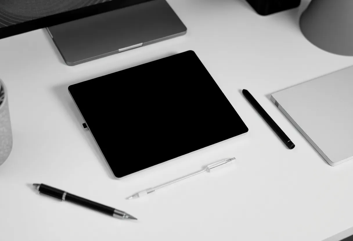 Monochrome e-ink notepad with stylus on a minimal desk