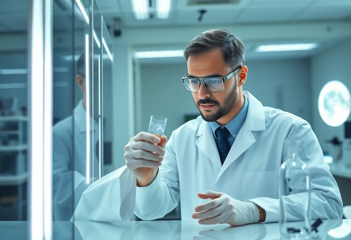 Researcher examining prepared soil sample in a laboratory setting