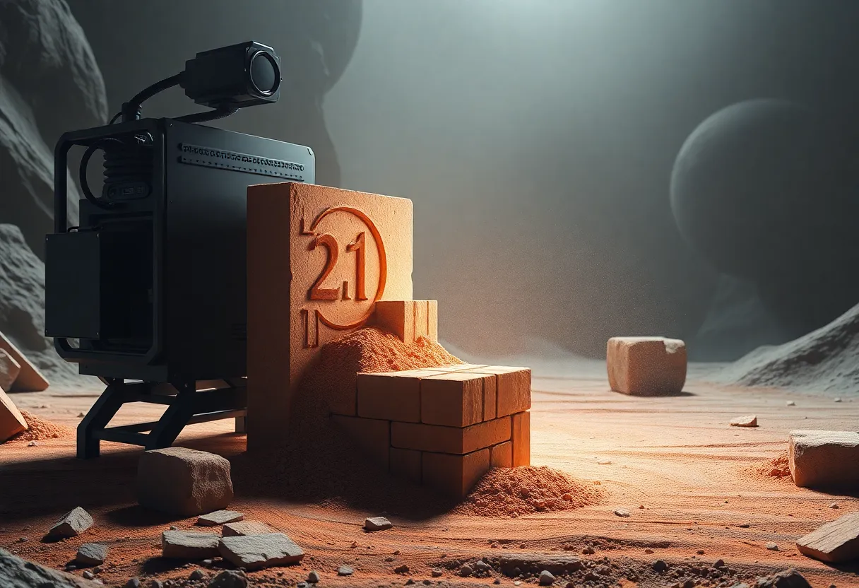 Futuristic machine processing dust into structural blocks, lunar construction concept