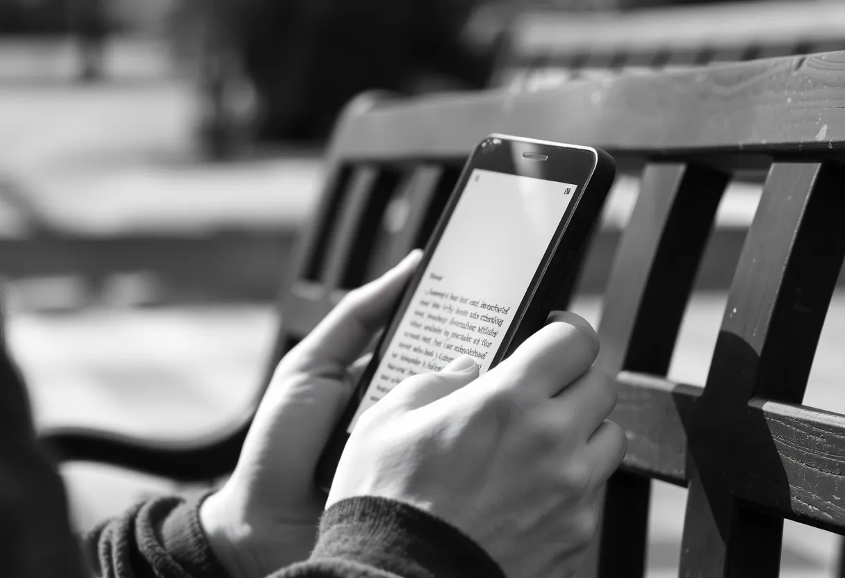 Person reading on a grayscale e-ink smartphone screen outdoors on a park bench