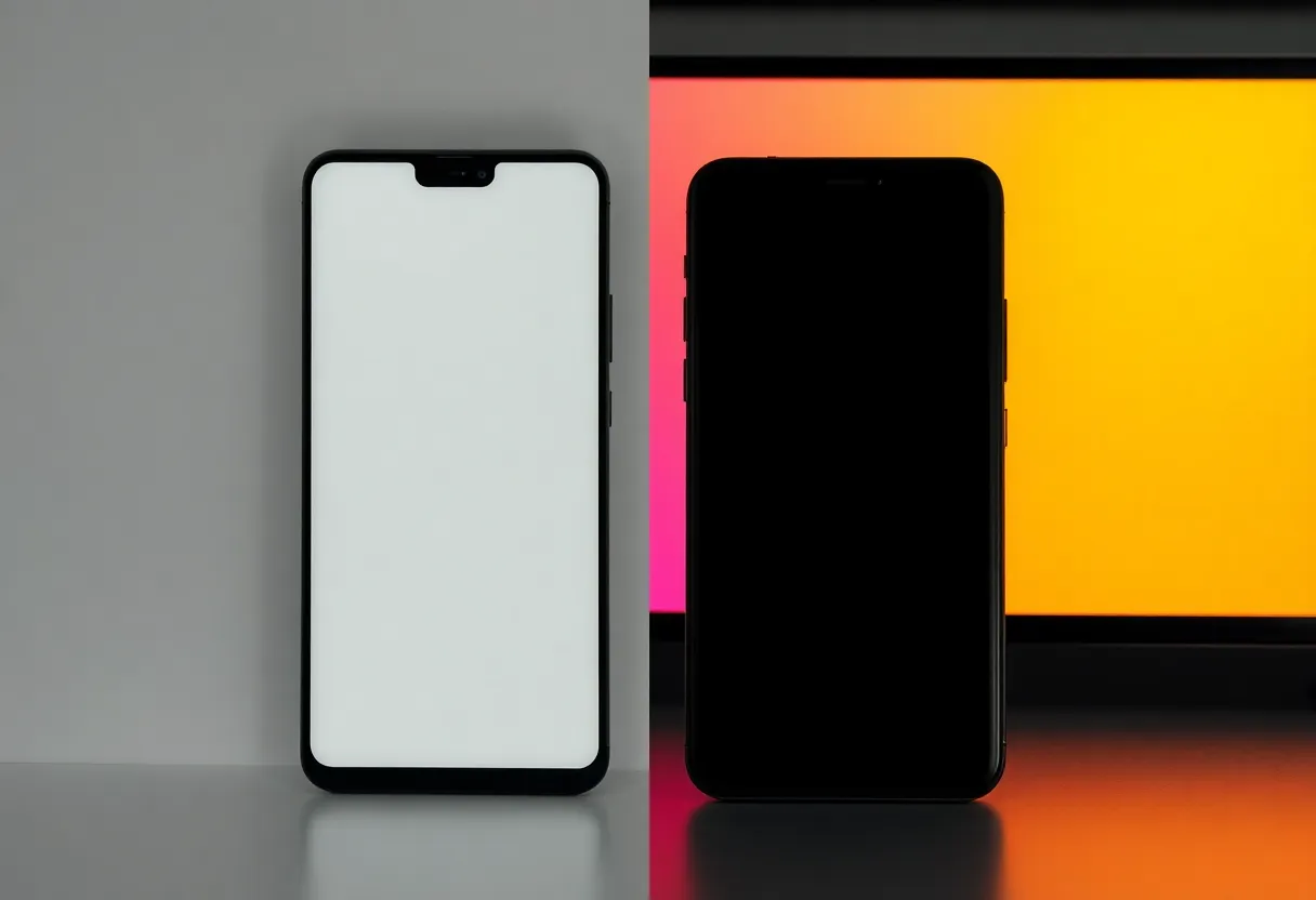 Flat lay comparing a calm monochrome e-ink phone next to a vibrant color smartphone