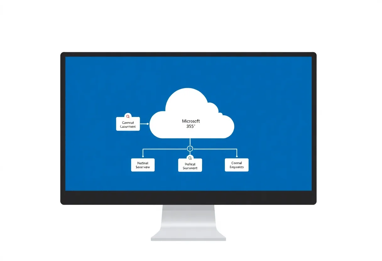 Monitor showing abstract Microsoft 365 cloud workflow diagram