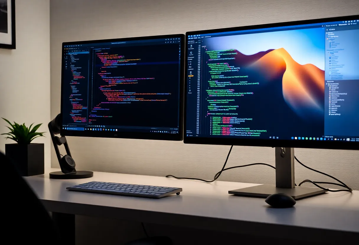 Dual monitors showing code editor beside visual workflow canvas