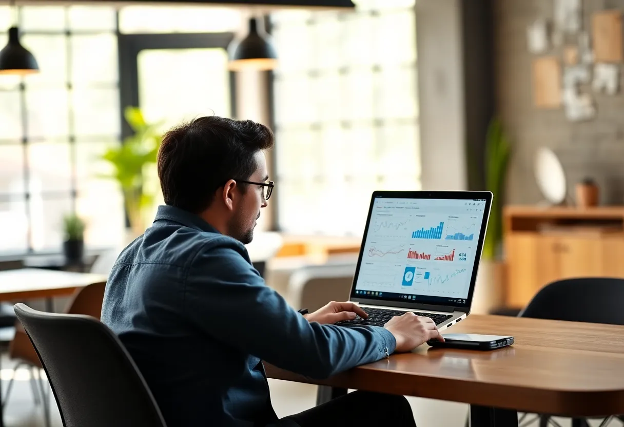 Solo founder working on laptop with CRM and analytics visible in a bright coworking space