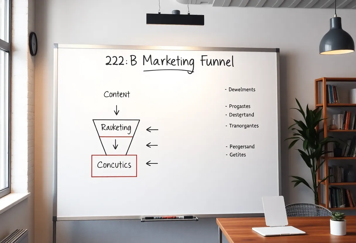Whiteboard with B2B marketing funnel sketch and arrows toward demo requests in a startup office
