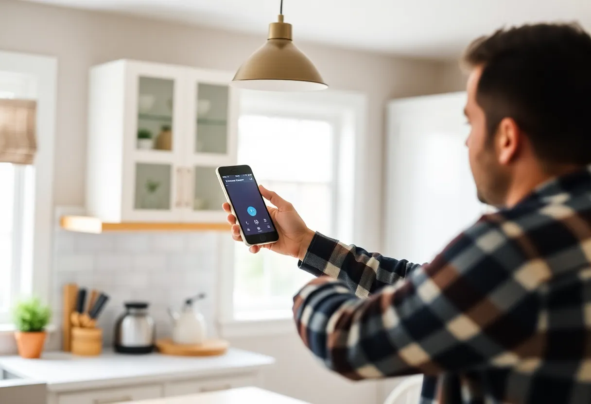 Homeowner configuring a smart light switch using a phone in a bright kitchen