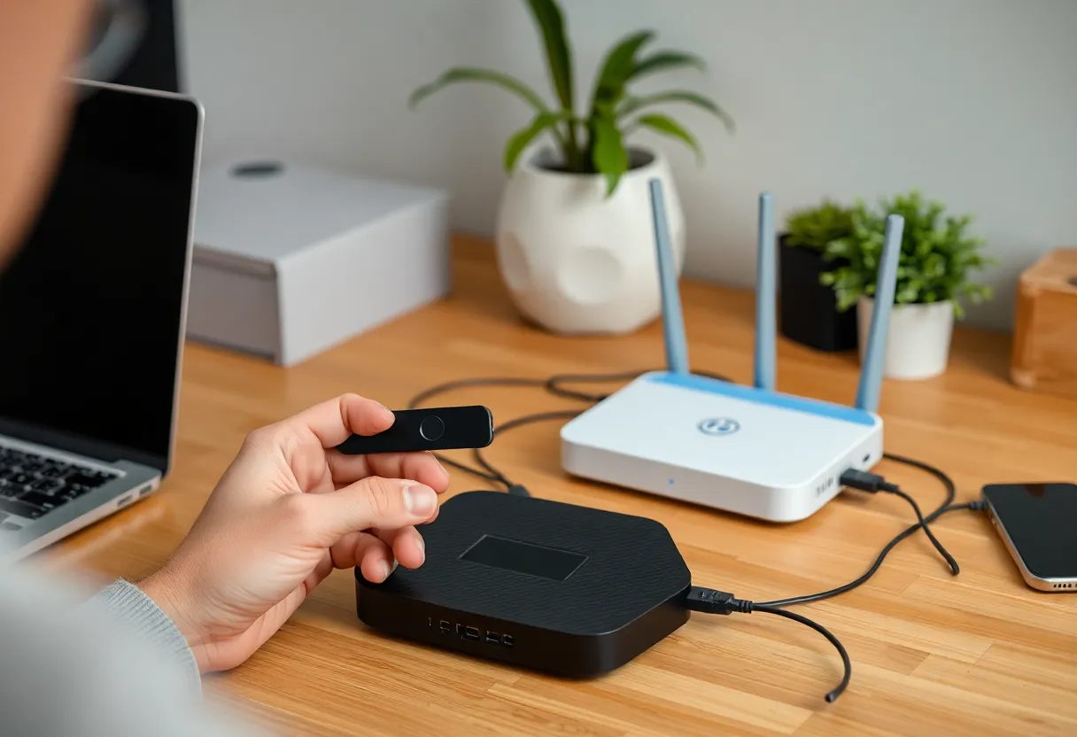 Home office desk with smart home hub, Zigbee coordinator stick, and router equipment while someone troubleshoots