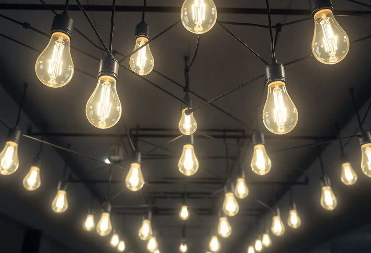 Editorial illustration of smart bulbs in ceiling fixtures connected by subtle mesh network lines
