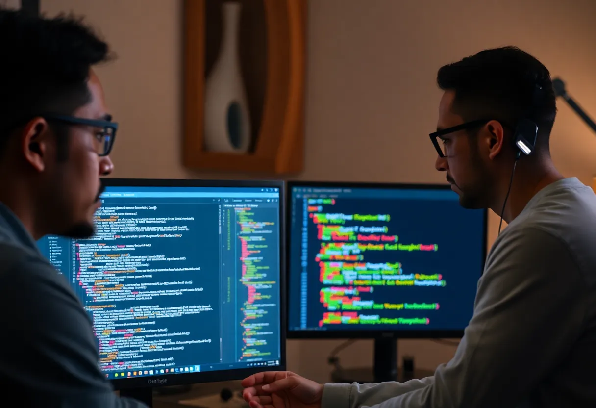 Developer comparing structured data on two screens, suggesting a choice between visual tools and code-based parsing