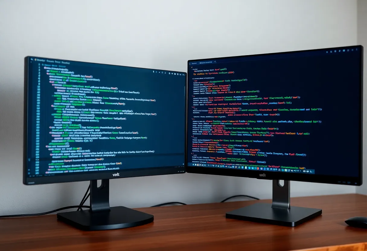 Dual monitors showing code on one screen and visual automation blocks on the other
