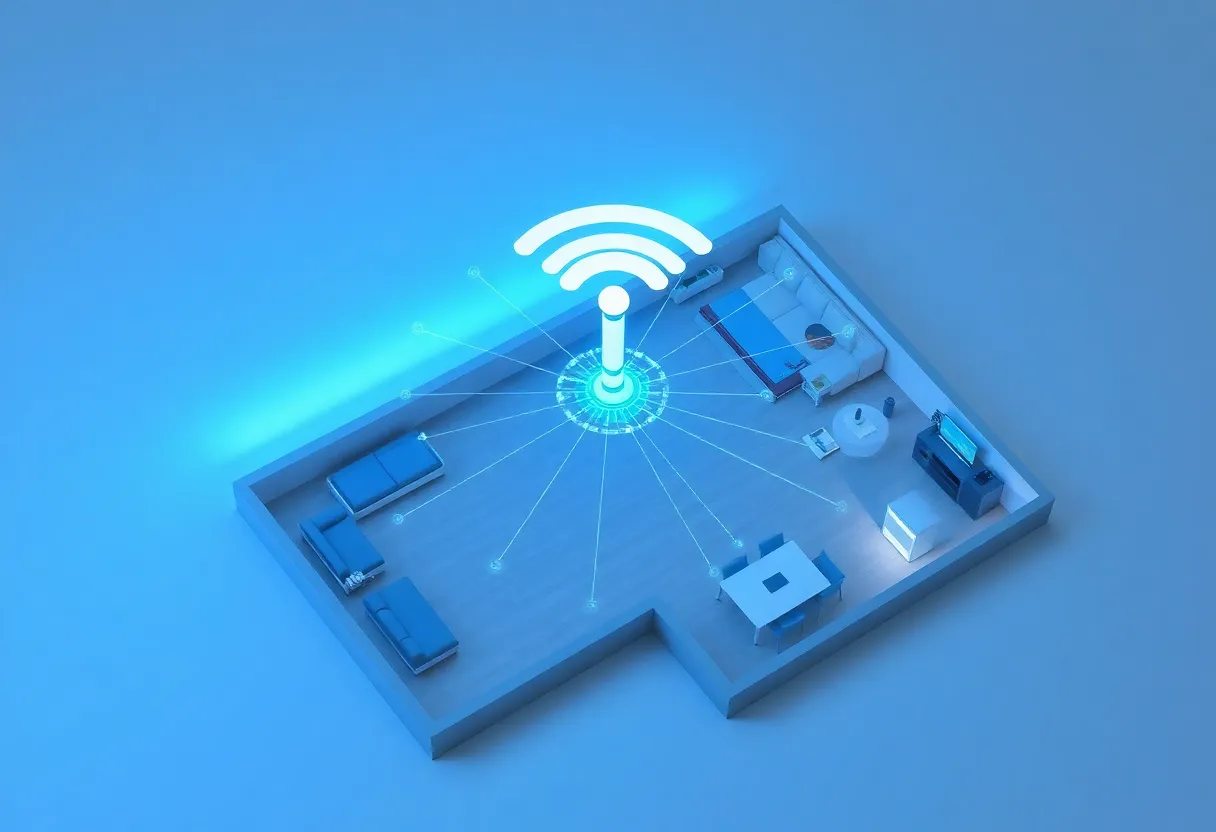 Abstract mesh network visualization connecting rooms in a home floor plan