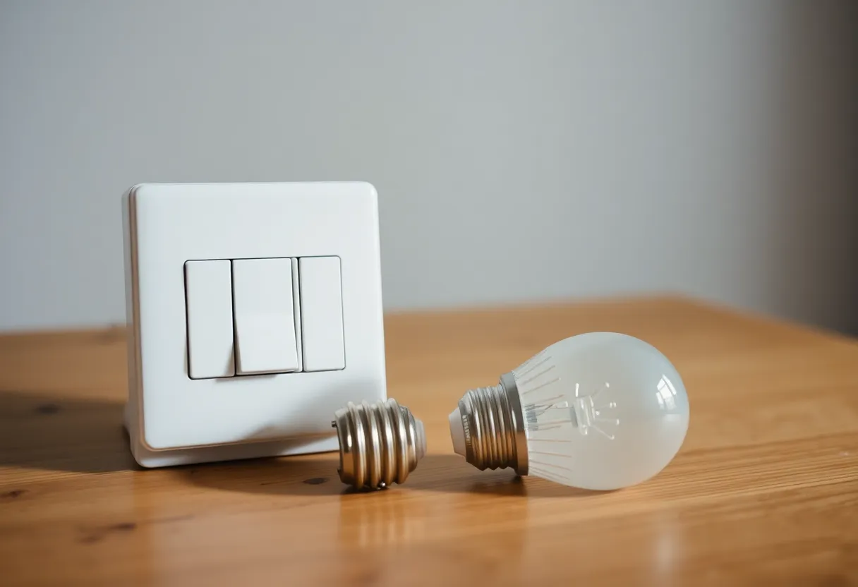 Smart bulbs and switch on a table, illustrating local control scenarios in a Zigbee home