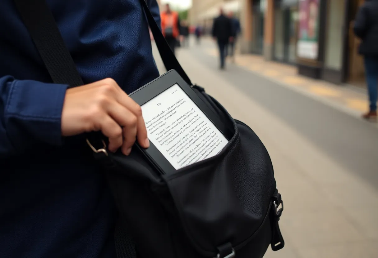 Commuter packing a slim tablet into a bag, illustrating real-world daily carry for e-ink devices