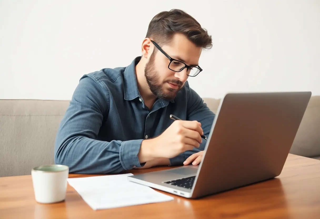 Founder taking notes beside a laptop suggesting strategy between organic and paid growth