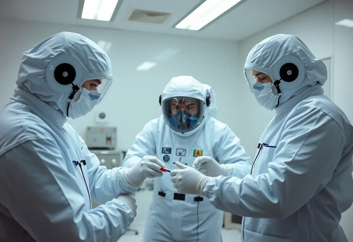Technicians in a clean lab testing hardware, representing ground verification of dust mitigation systems