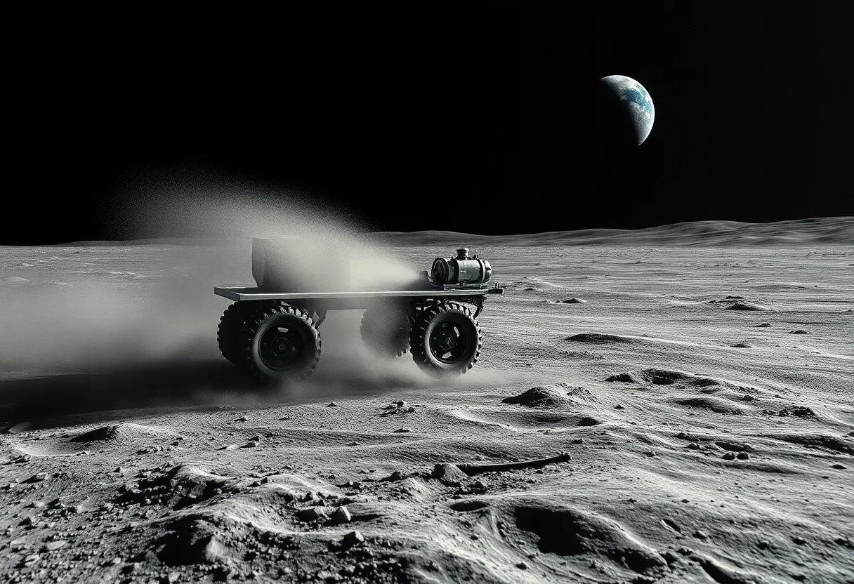 Lunar rover stirring regolith on the Moon, illustrating operational dust generation during surface mobility