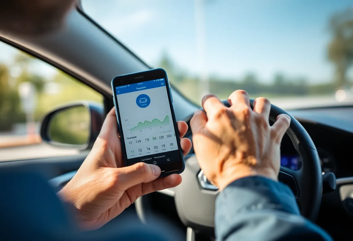 Driver checking EV charging session on a smartphone, tying software cues to preconditioning behavior
