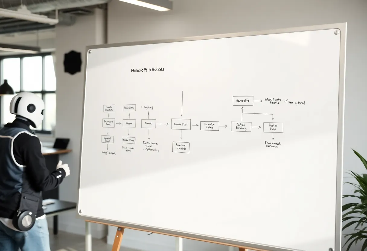 Whiteboard flowchart suggesting multi-step handoffs between automated workers
